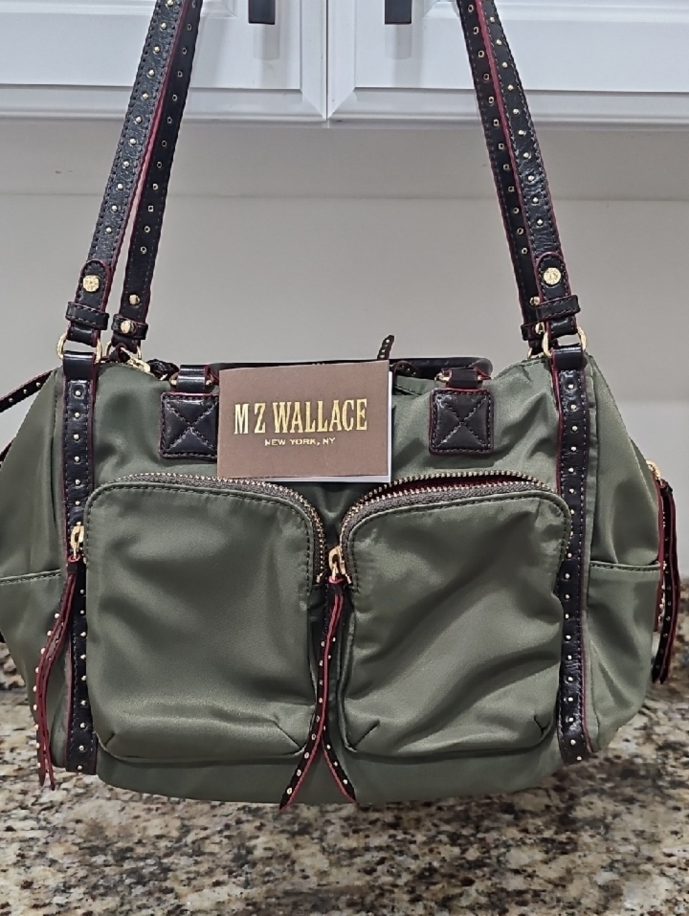 MZ Wallace Olive Nylon Shoulder Bag with Black Studded Trim